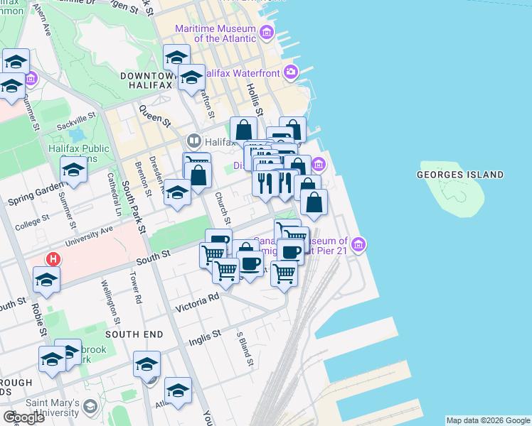 map of restaurants, bars, coffee shops, grocery stores, and more near 5217 South Street in Halifax