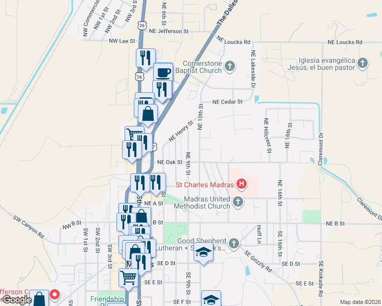 map of restaurants, bars, coffee shops, grocery stores, and more near 275 Northeast 9th Street in Madras