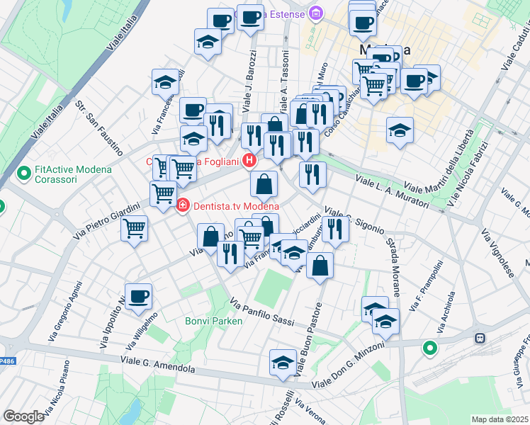 map of restaurants, bars, coffee shops, grocery stores, and more near 107 Via L. Lana in Modena