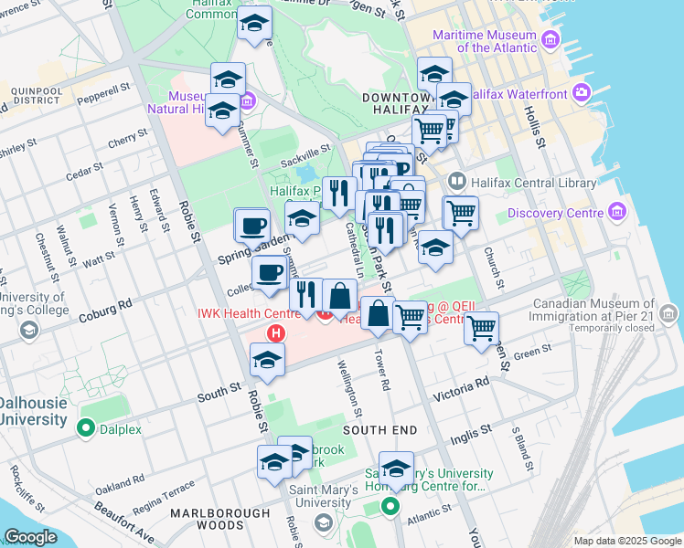 map of restaurants, bars, coffee shops, grocery stores, and more near 1330 Cathedral Lane in Halifax