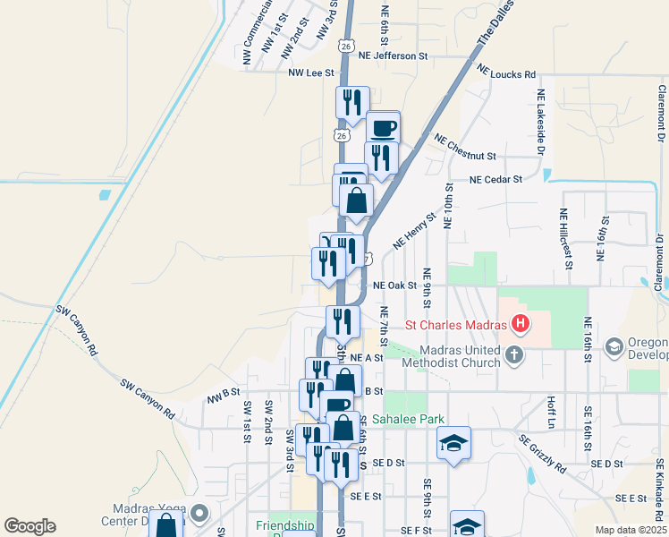 map of restaurants, bars, coffee shops, grocery stores, and more near 268 Northwest 5th Street in Madras
