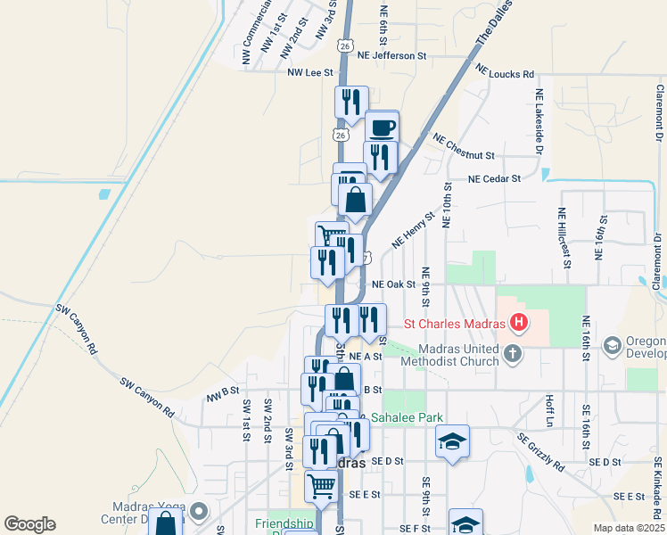 map of restaurants, bars, coffee shops, grocery stores, and more near 268 Northwest 5th Street in Madras