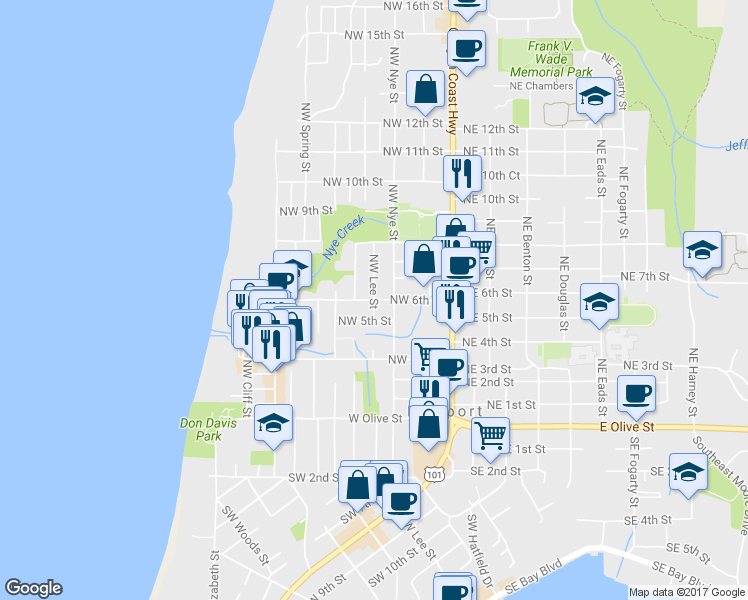 map of restaurants, bars, coffee shops, grocery stores, and more near 317 Northwest 6th Street in Newport