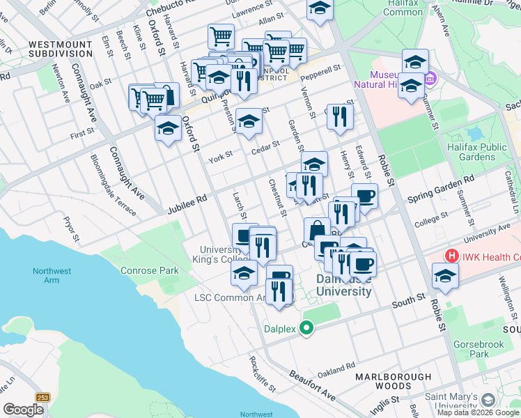 map of restaurants, bars, coffee shops, grocery stores, and more near 6282 Jennings Street in Halifax