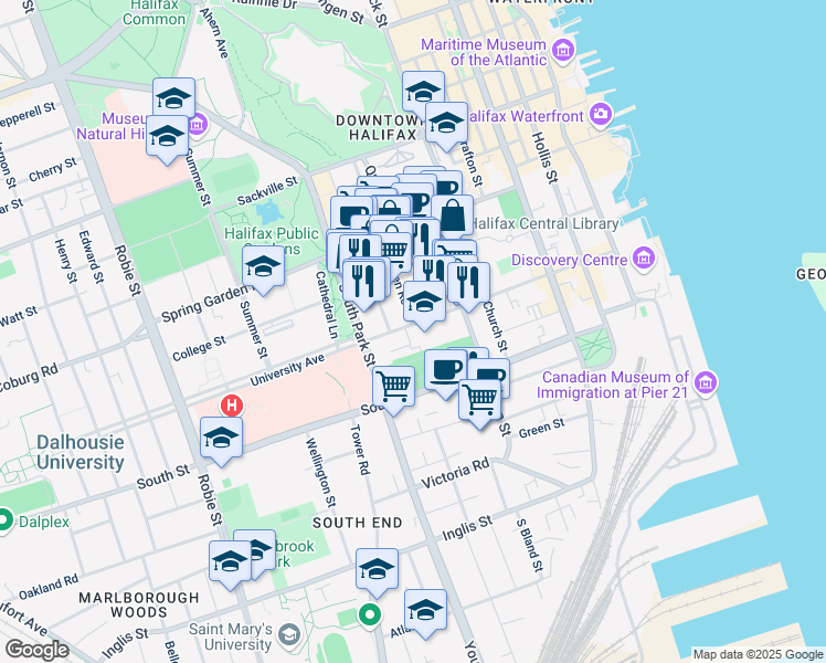 map of restaurants, bars, coffee shops, grocery stores, and more near 5614 Morris Street in Halifax
