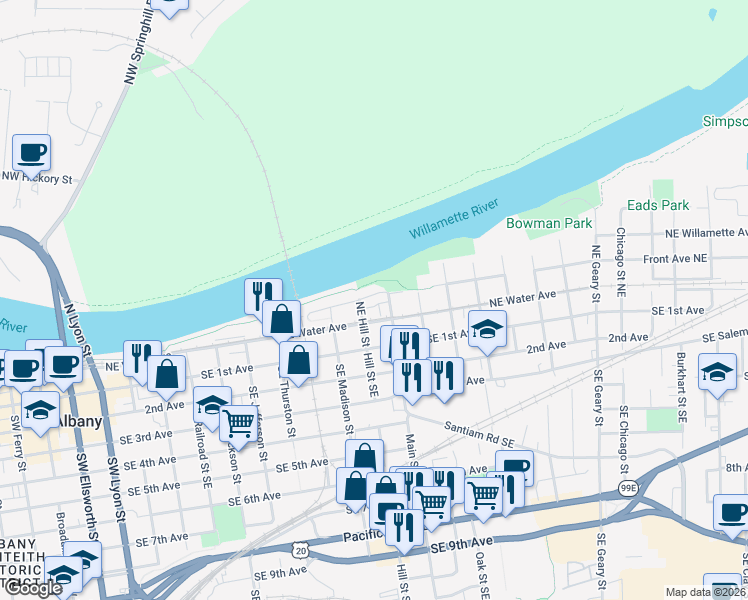 map of restaurants, bars, coffee shops, grocery stores, and more near 1064 Front Avenue Northeast in Albany