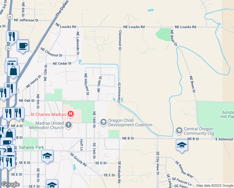 map of restaurants, bars, coffee shops, grocery stores, and more near 366 Northeast Clearview Court in Madras