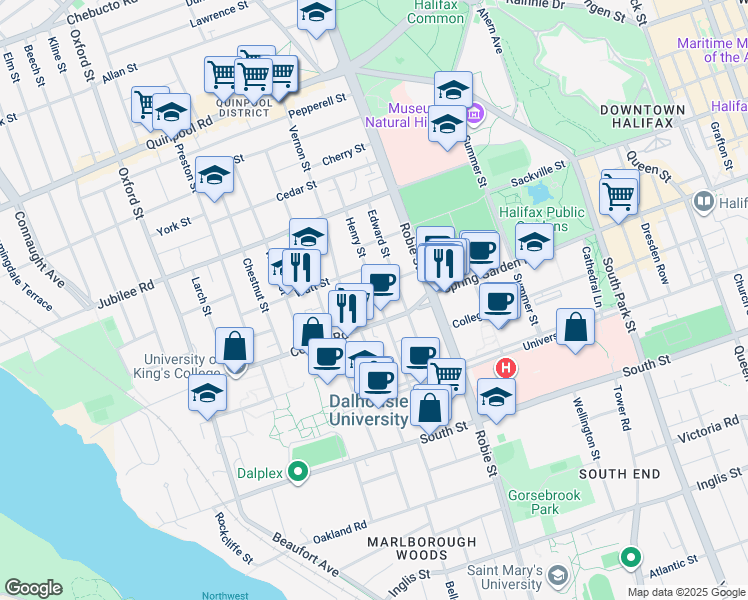 map of restaurants, bars, coffee shops, grocery stores, and more near 1544 Henry Street in Halifax