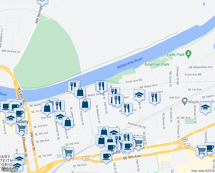 map of restaurants, bars, coffee shops, grocery stores, and more near 1064 Front Avenue Northeast in Albany