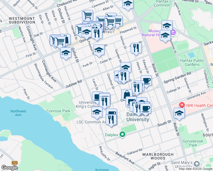 map of restaurants, bars, coffee shops, grocery stores, and more near 6282 Jennings Street in Halifax