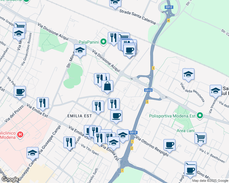 map of restaurants, bars, coffee shops, grocery stores, and more near 4 Strada Fossa Monda Sud in Modena