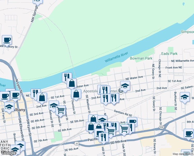 map of restaurants, bars, coffee shops, grocery stores, and more near 1076 Front Avenue Northeast in Albany