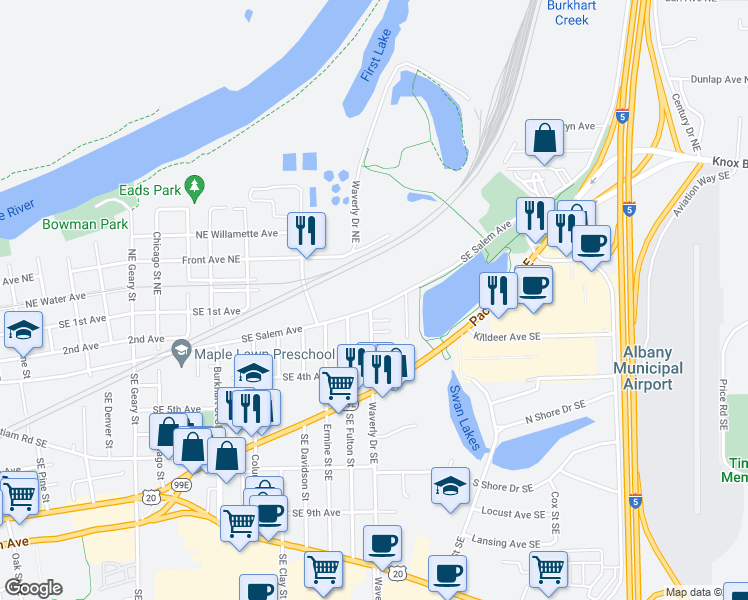 map of restaurants, bars, coffee shops, grocery stores, and more near 2753 Southeast Salem Avenue in Albany
