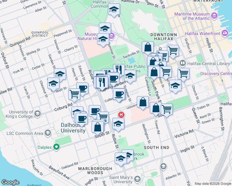 map of restaurants, bars, coffee shops, grocery stores, and more near 1465 Carlton Street in Halifax
