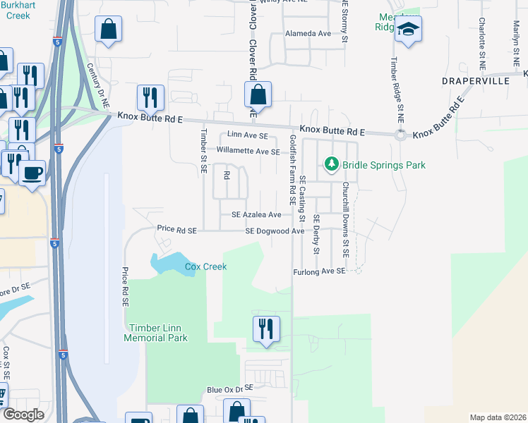 map of restaurants, bars, coffee shops, grocery stores, and more near 3961 Southeast Azalea Avenue in Albany