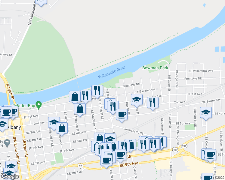 map of restaurants, bars, coffee shops, grocery stores, and more near 1130 Front Avenue Northeast in Albany
