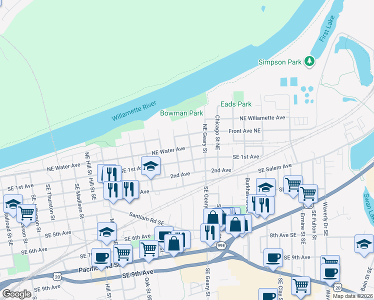 map of restaurants, bars, coffee shops, grocery stores, and more near 1615 Southeast 1st Avenue in Albany
