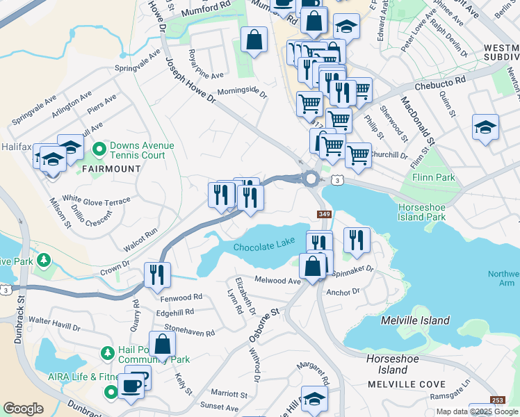 map of restaurants, bars, coffee shops, grocery stores, and more near 27 Fairmount Road in Halifax