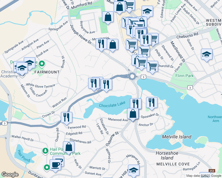 map of restaurants, bars, coffee shops, grocery stores, and more near 27 Fairmount Road in Halifax