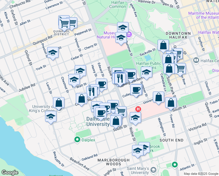 map of restaurants, bars, coffee shops, grocery stores, and more near 1535 Edward Street in Halifax