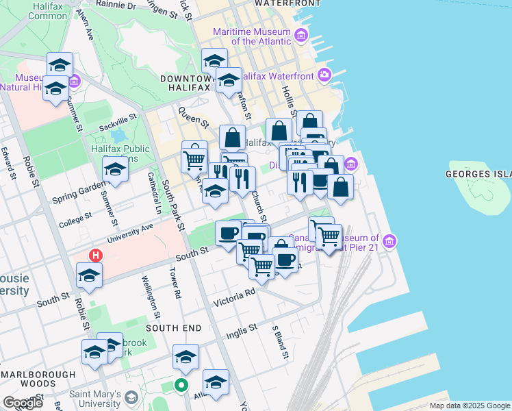 map of restaurants, bars, coffee shops, grocery stores, and more near 1258 Church Street in Halifax