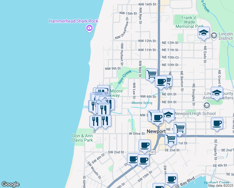 map of restaurants, bars, coffee shops, grocery stores, and more near 551 Northwest 6th Street in Newport
