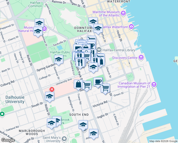 map of restaurants, bars, coffee shops, grocery stores, and more near 5639 Morris Street in Halifax