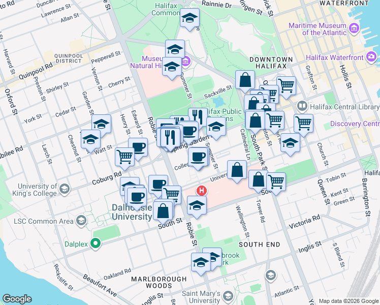 map of restaurants, bars, coffee shops, grocery stores, and more near 1477 Carlton Street in Halifax