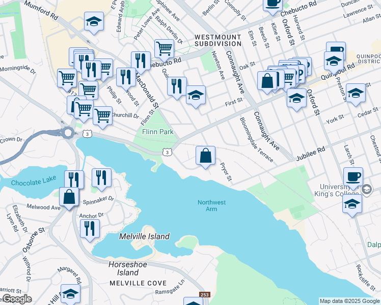 map of restaurants, bars, coffee shops, grocery stores, and more near 6931 Tupper Grove in Halifax