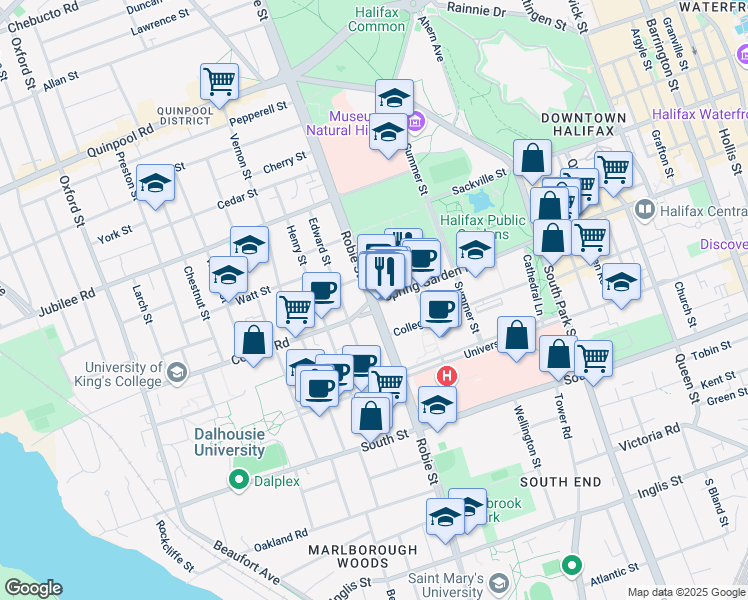 map of restaurants, bars, coffee shops, grocery stores, and more near Robie Street & Spring Garden Road in Halifax