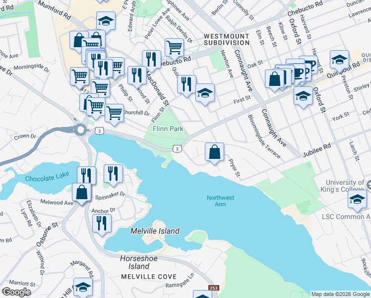 map of restaurants, bars, coffee shops, grocery stores, and more near 6930 Quinpool Road in Halifax