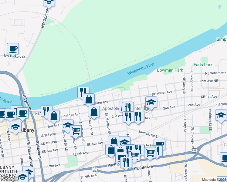 map of restaurants, bars, coffee shops, grocery stores, and more near 1009 Front Avenue Northeast in Albany