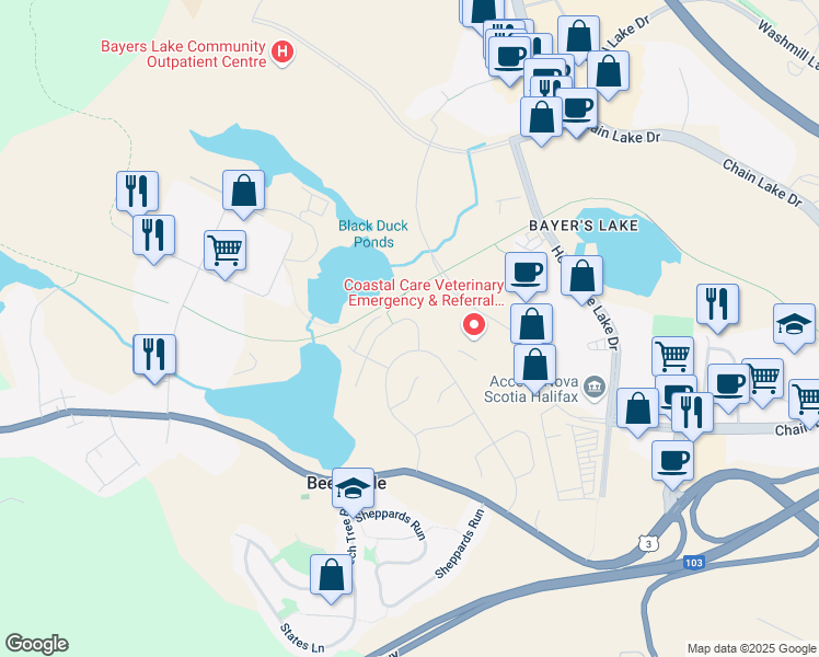 map of restaurants, bars, coffee shops, grocery stores, and more near 28 Flatrock Crescent in Halifax