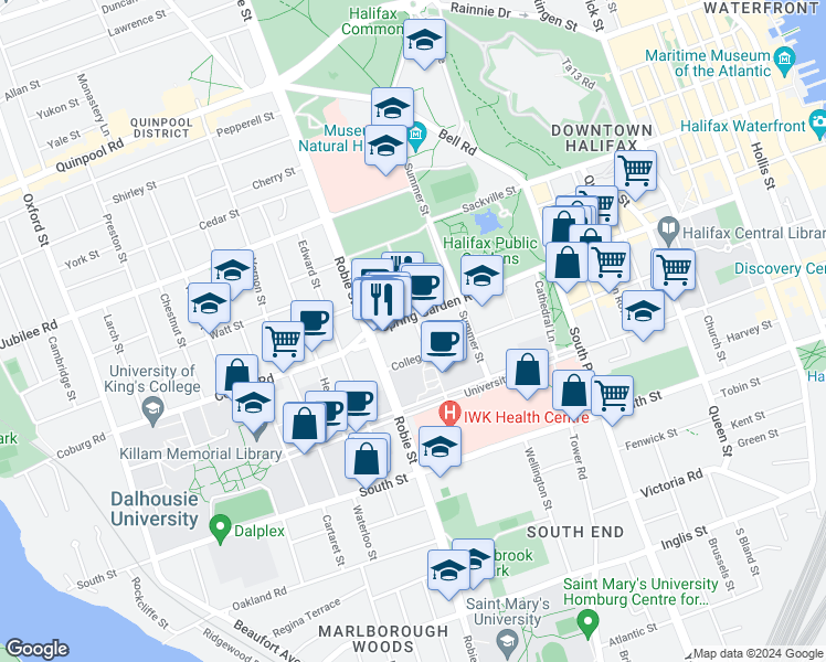 map of restaurants, bars, coffee shops, grocery stores, and more near 1480 Carlton Street in Halifax