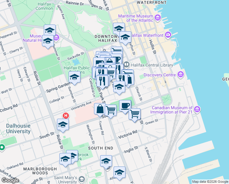map of restaurants, bars, coffee shops, grocery stores, and more near 5633 Morris Street in Halifax