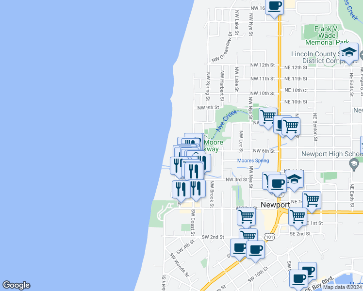 map of restaurants, bars, coffee shops, grocery stores, and more near 619 Northwest Alpine Street in Newport