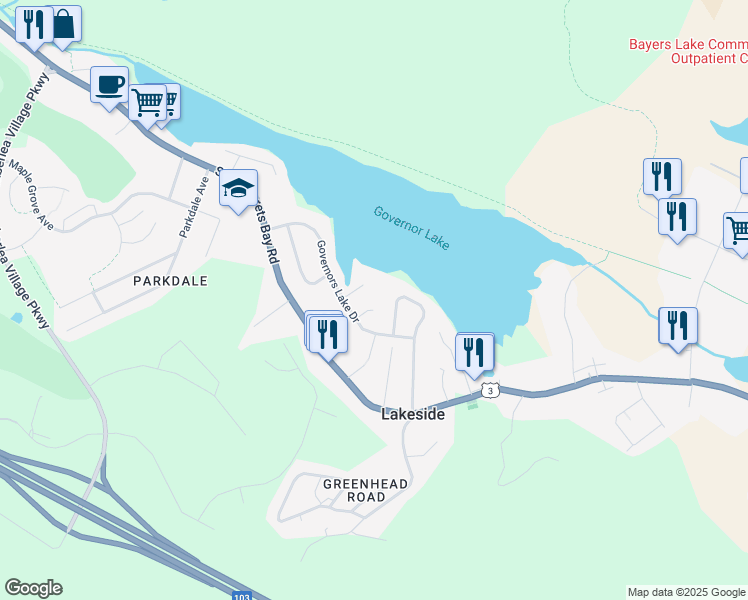 map of restaurants, bars, coffee shops, grocery stores, and more near 16 Mathers Court in Timberlea