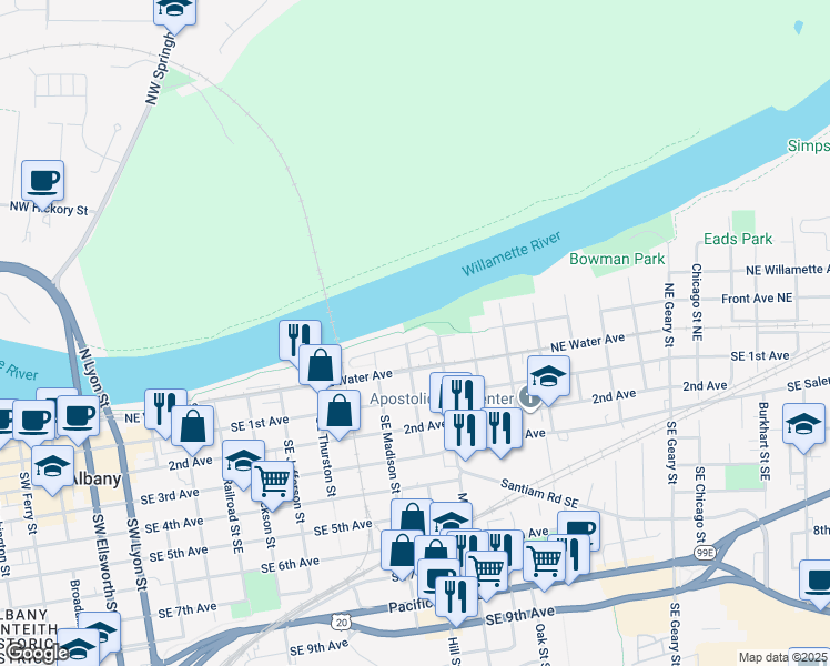 map of restaurants, bars, coffee shops, grocery stores, and more near 1027 Front Avenue Northeast in Albany