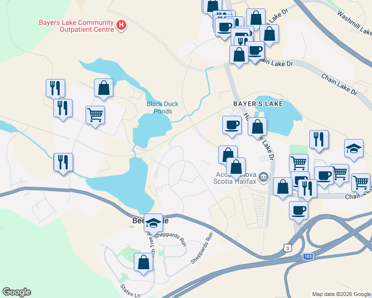 map of restaurants, bars, coffee shops, grocery stores, and more near 19 Flatrock Crescent in Halifax
