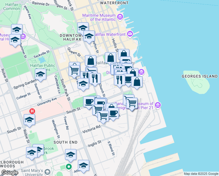 map of restaurants, bars, coffee shops, grocery stores, and more near 1258 Church Street in Halifax