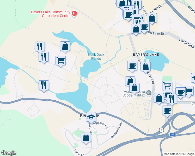 map of restaurants, bars, coffee shops, grocery stores, and more near 61 Flatrock Crescent in Halifax