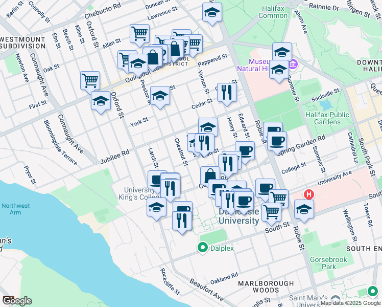 map of restaurants, bars, coffee shops, grocery stores, and more near 1603 Chestnut Street in Halifax