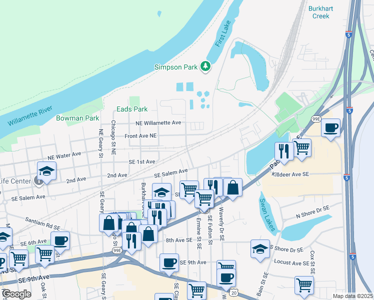 map of restaurants, bars, coffee shops, grocery stores, and more near 2331 Southeast Salem Avenue in Albany