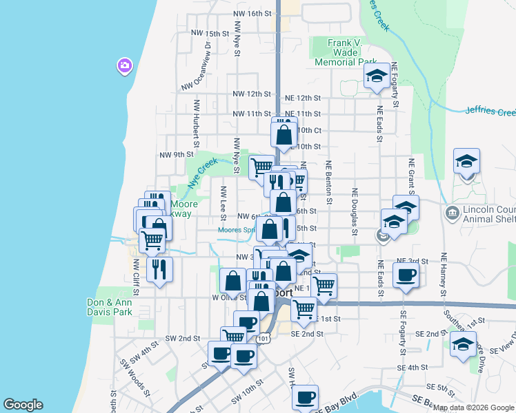 map of restaurants, bars, coffee shops, grocery stores, and more near 201-225 Northwest 6th Street in Newport