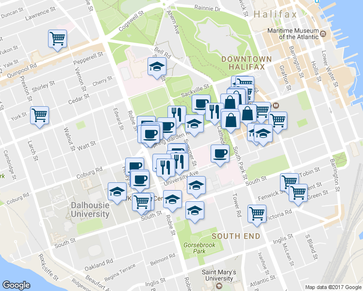 map of restaurants, bars, coffee shops, grocery stores, and more near 5793 University Avenue in Halifax
