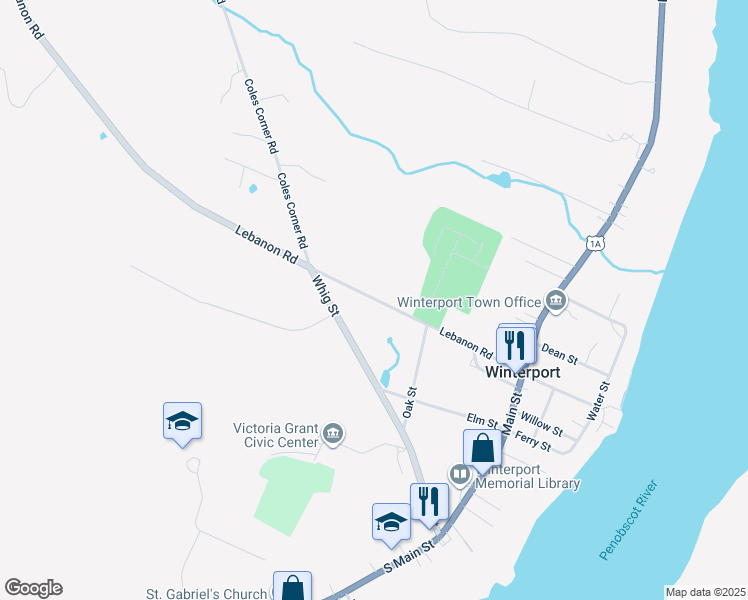 map of restaurants, bars, coffee shops, grocery stores, and more near 107 Lebanon Street in Winterport