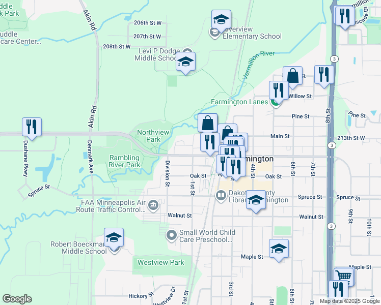 map of restaurants, bars, coffee shops, grocery stores, and more near 309 1st Street in Farmington
