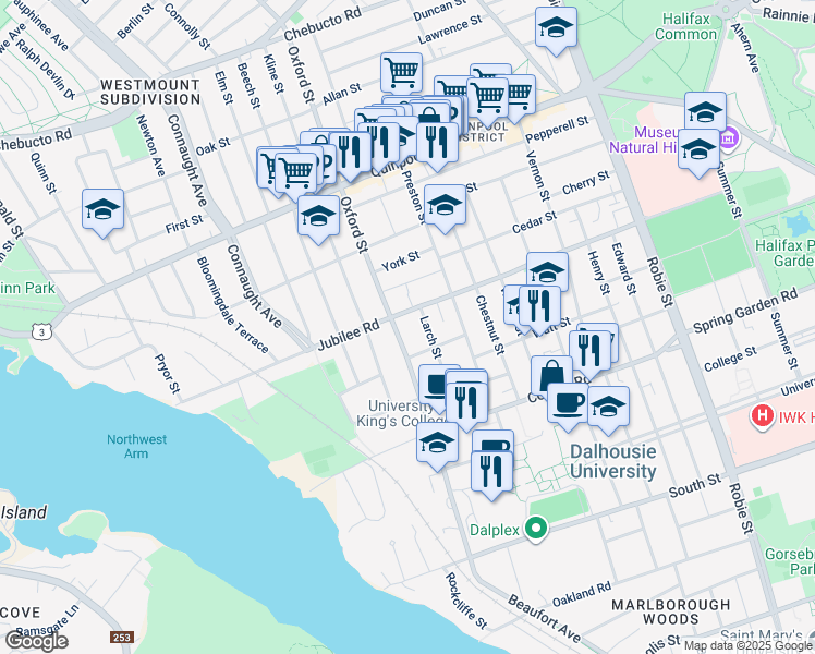 map of restaurants, bars, coffee shops, grocery stores, and more near 6381 Jennings Street in Halifax