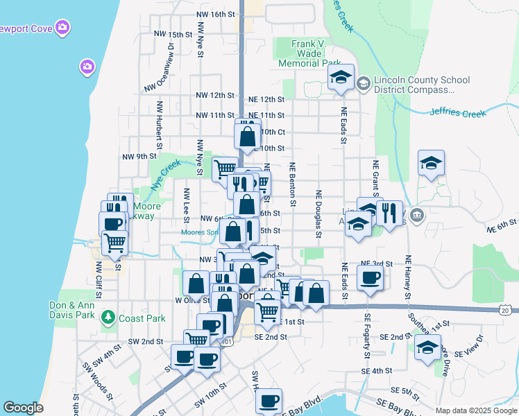 map of restaurants, bars, coffee shops, grocery stores, and more near 401-499 NE Avery St in Newport