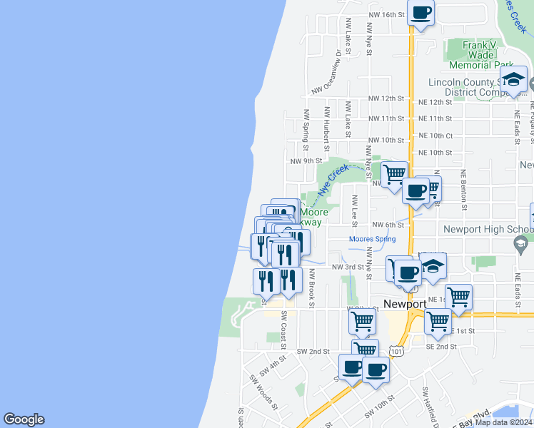 map of restaurants, bars, coffee shops, grocery stores, and more near 629 Northwest Alpine Street in Newport